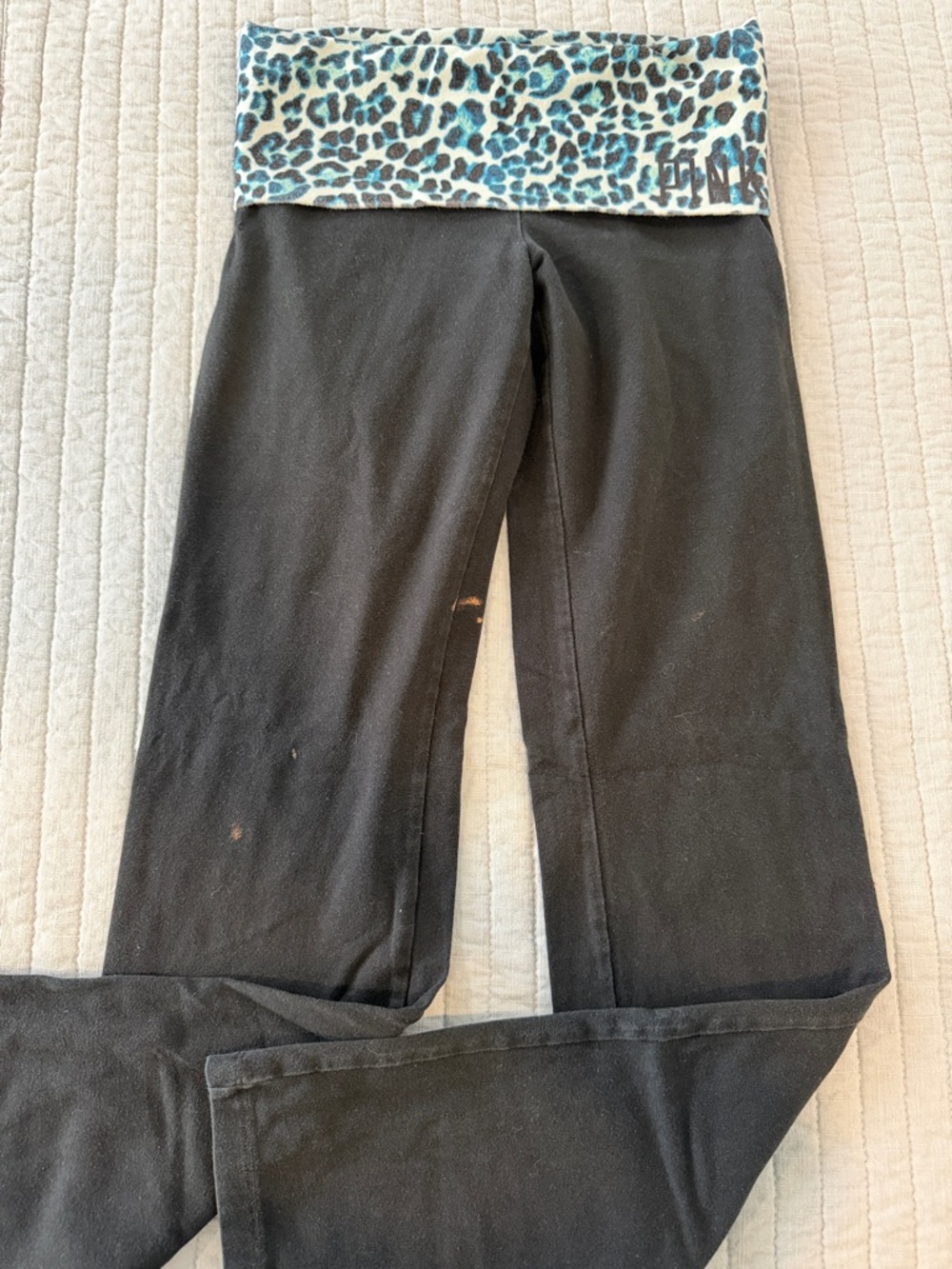 Women’s Black Fold-Over Waist Yoga Pants with Blue Leopard Trim